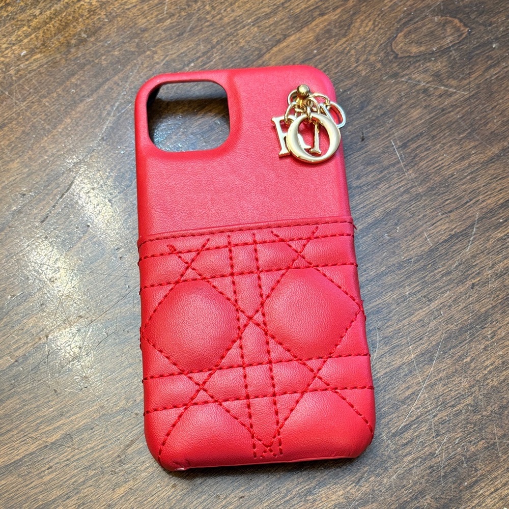 Dior Red Quilted Phone Case with Gold Charm